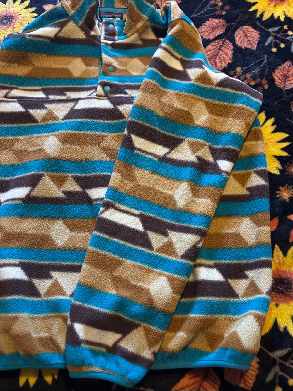 Patagonia Teal, Brown & Cream Geometric Kids Fleece Pullover - Picture 2 of 6